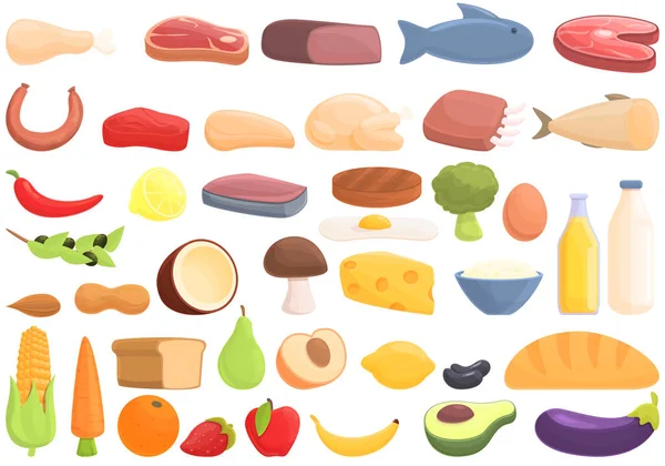 Proteína conjunto de ícones de nutrientes, estilo cartoon —  Vetores de Stock