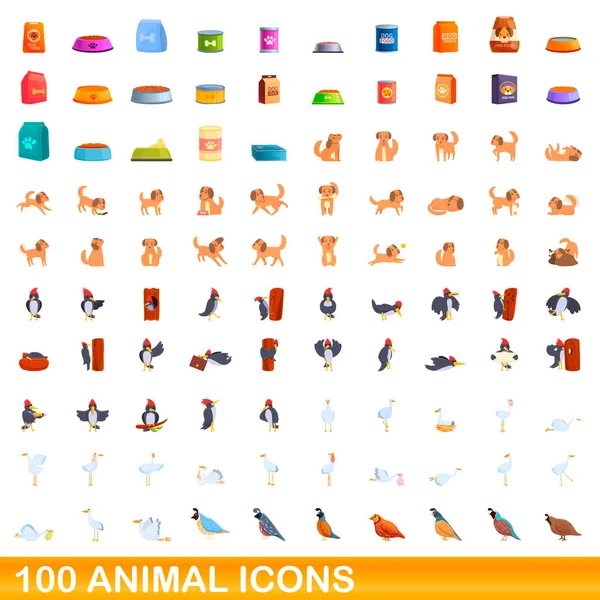 Ensemble de 100 icônes animalières, style dessin animé — Image vectorielle