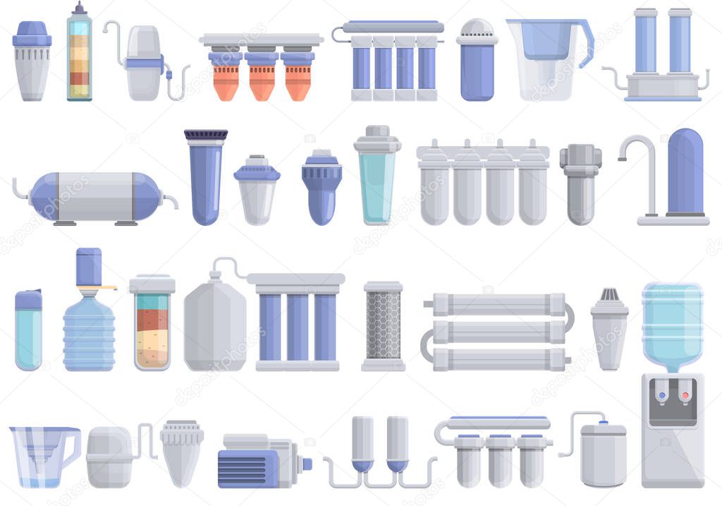 Equipment for water purification icons set, cartoon style