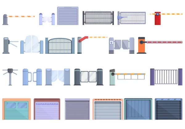 Set automatico di icone del cancello, stile cartone animato — Vettoriale Stock