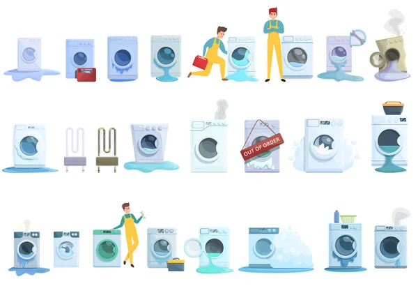 洗濯機の修理アイコンセット、漫画のスタイル — ストックベクタ