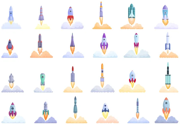 Conjunto de iconos de lanzamiento de naves espaciales, estilo de dibujos animados — Vector de stock