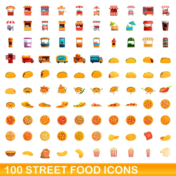 100 Streetfood-Ikonen im Cartoon-Stil — Stockvektor