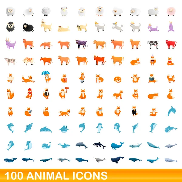 100 conjunto de ícones animais, estilo cartoon — Vetor de Stock