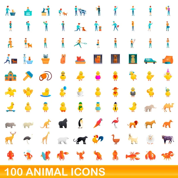 100 가지 동물 아이콘 세트, 만화 스타일 — 스톡 벡터