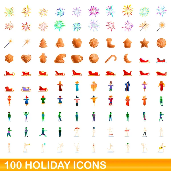 100 conjunto de iconos de vacaciones, estilo de dibujos animados — Vector de stock