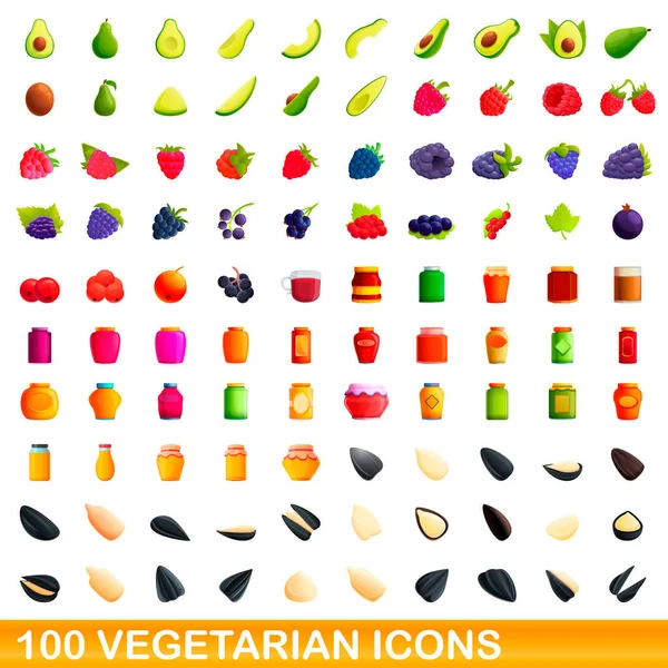 100 iconos vegetarianos, estilo de dibujos animados — Vector de stock