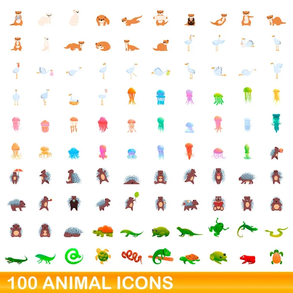 100 conjunto de ícones animais, estilo cartoon — Vetor de Stock