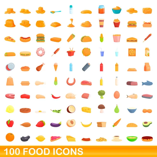100 set ikon makanan, gaya kartun - Stok Vektor