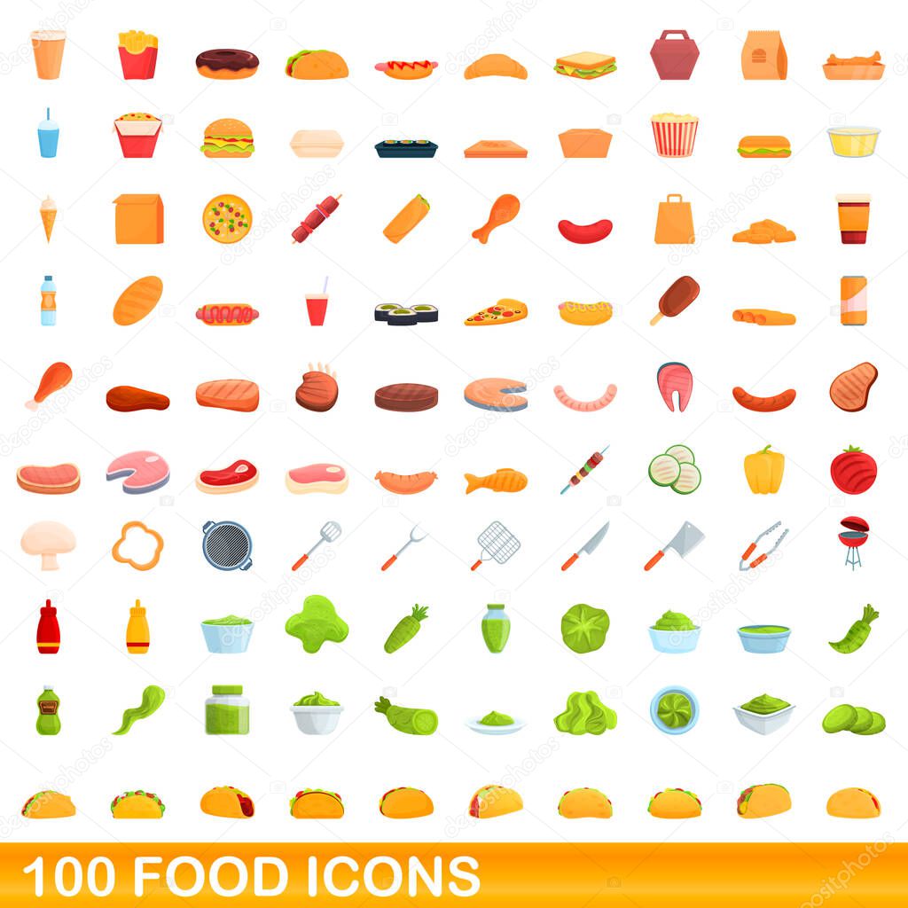 100 food icons set, cartoon style