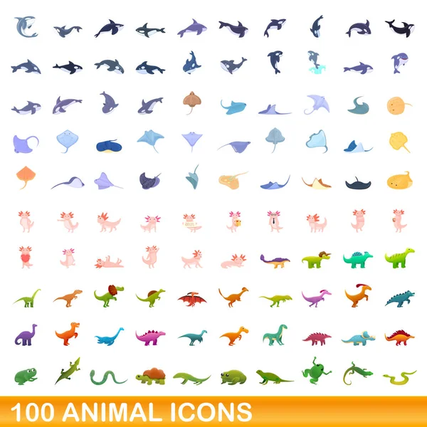 100 ikon zvířat, kreslený styl — Stockový vektor