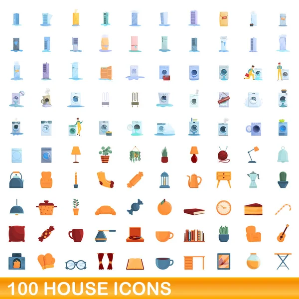 100 ikon rumah diatur, gaya kartun Stok Ilustrasi Bebas Royalti