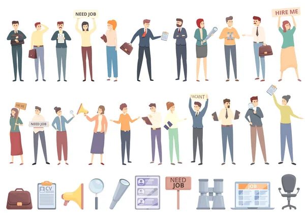 Seeking job icons set cartoon vector. Covid employment — Stock Vector