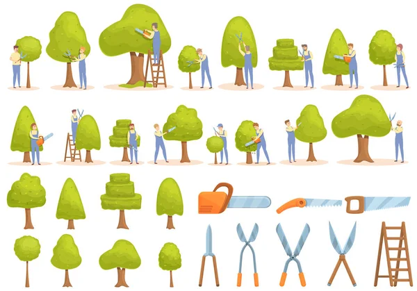 Les icônes de coupe d'arbre définissent un vecteur de dessin animé. tronçonneuse — Image vectorielle