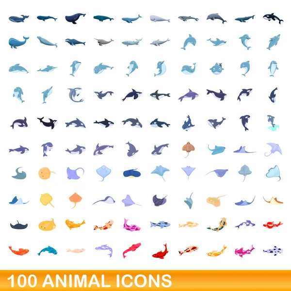 100 conjunto de ícones animais, estilo cartoon — Vetor de Stock