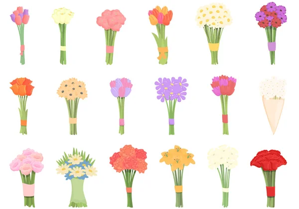 Bouquet icone set vettore cartone animato. Cesto di fiori — Vettoriale Stock
