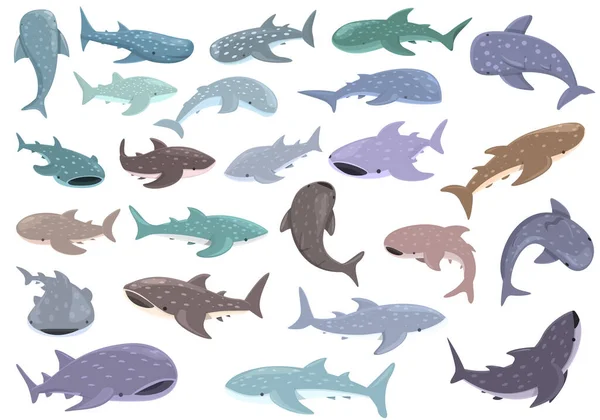 Ikony velrybích žraloků nastavují kreslený vektor. Zvířecí ryby — Stockový vektor