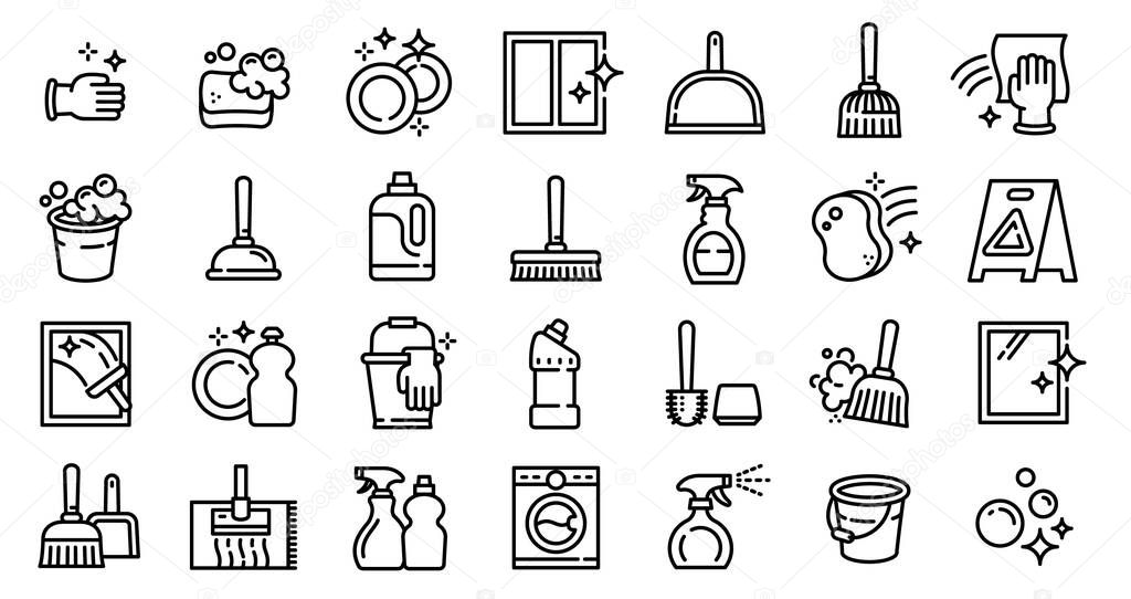 Cleaner equipment icons set, outline style