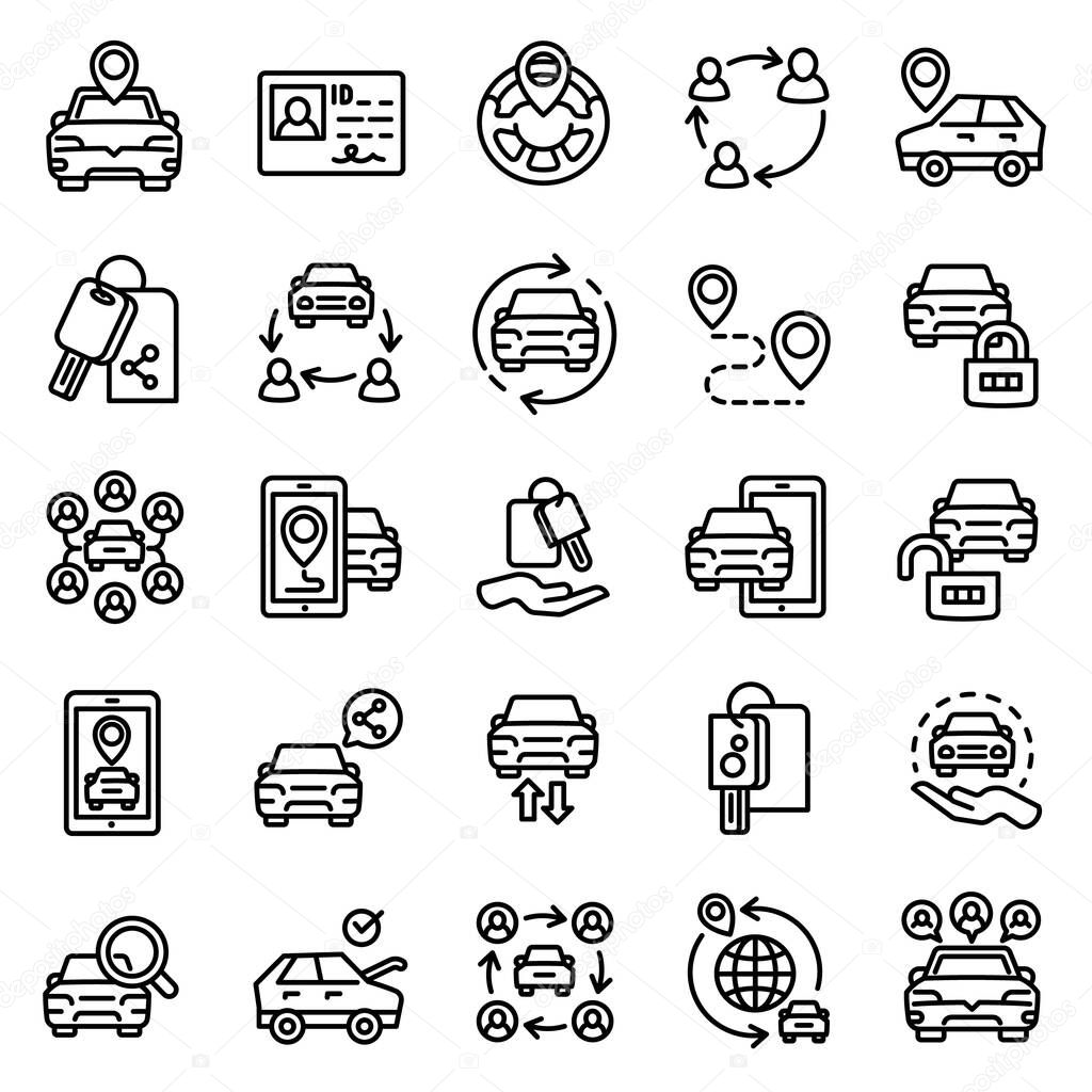 Car sharing icons set, outline style