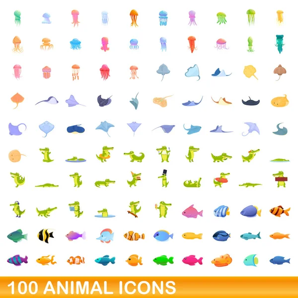 100 conjunto de ícones animais, estilo cartoon — Vetor de Stock