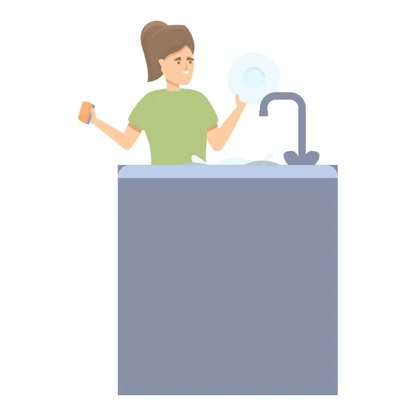 Sister dish wash icon cartoon vector. Kitchen housework — Stock Vector