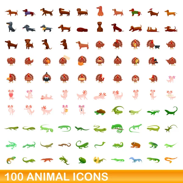 100 іконок тварин, мультиплікаційний стиль — стоковий вектор