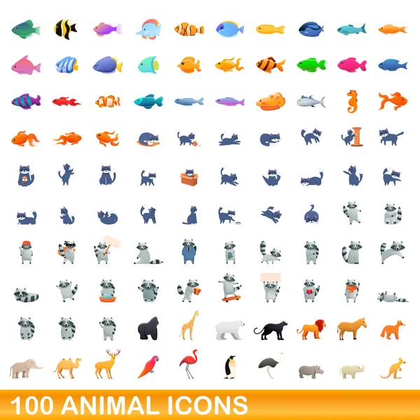 100 conjunto de ícones animais, estilo cartoon — Vetor de Stock