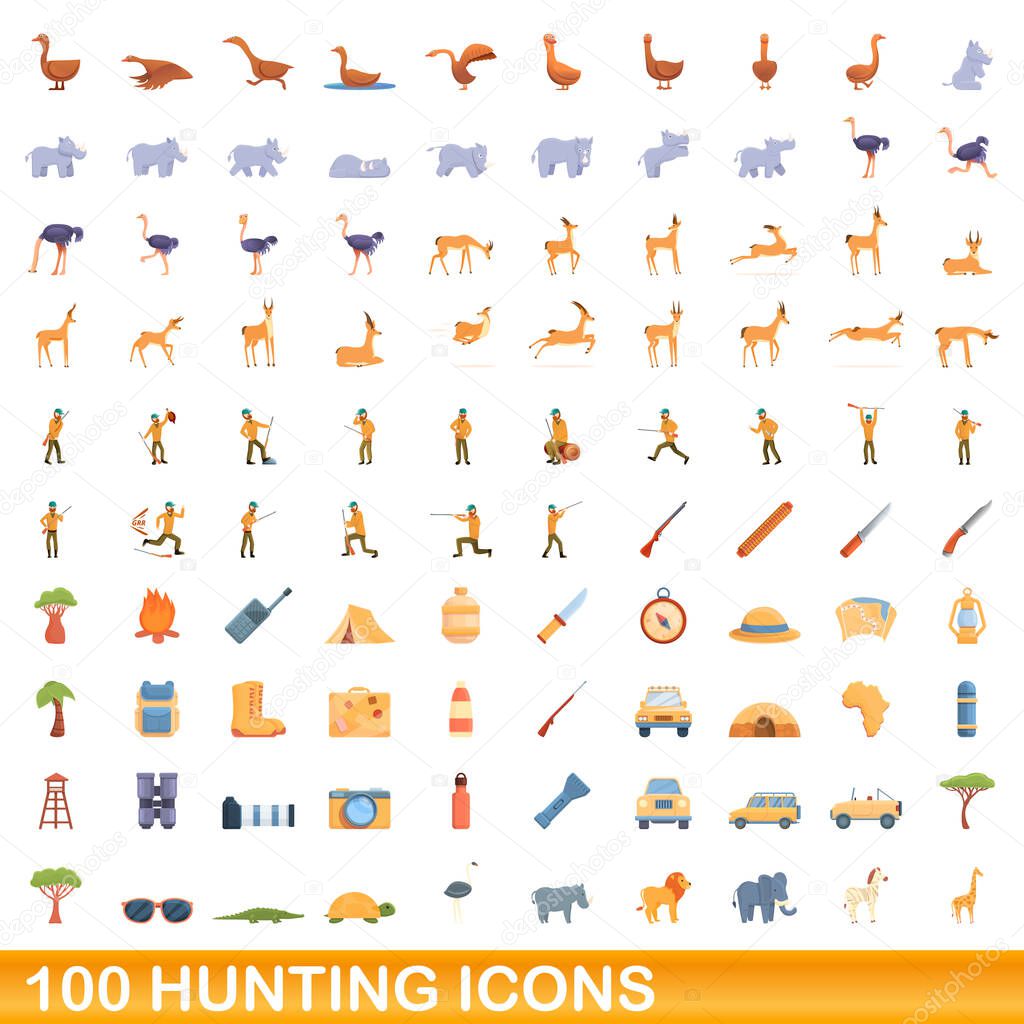 100 hunting icons set, cartoon style