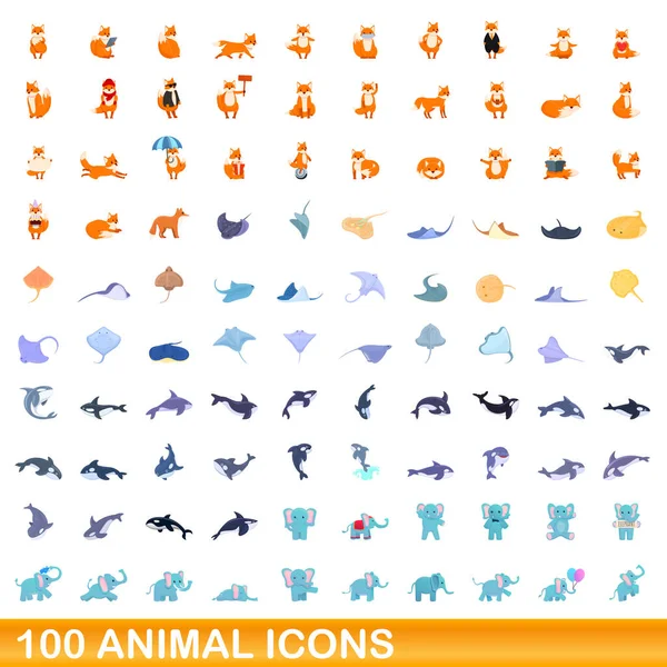 100 conjunto de ícones animais, estilo cartoon — Vetor de Stock