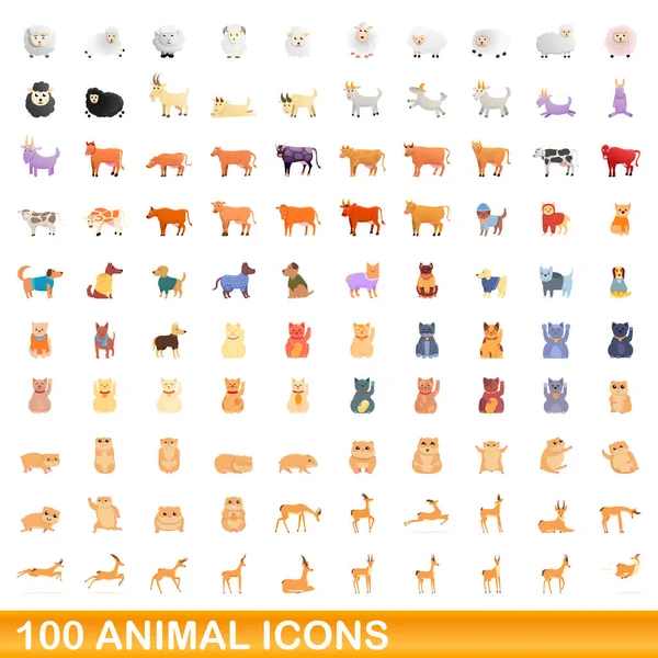 Ensemble de 100 icônes animalières, style dessin animé — Image vectorielle