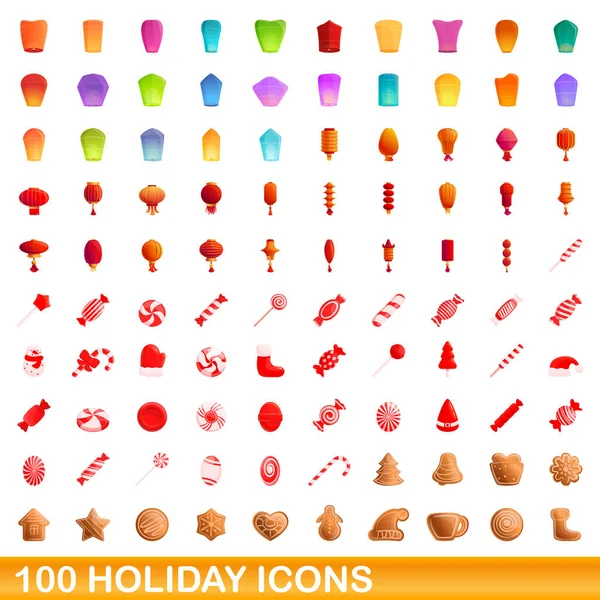 100 conjunto de iconos de vacaciones, estilo de dibujos animados — Vector de stock