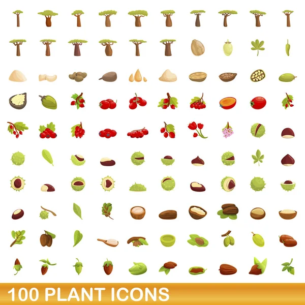 100 εικονίδια φυτό που, στυλ κινουμένων σχεδίων — Διανυσματικό Αρχείο