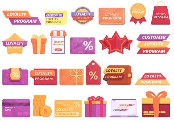 Customer loyalty program icons set cartoon vector. Reward member — Stock Vector