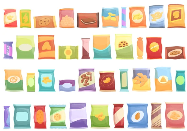 Snack pack icons set cartoon vector. Candy bag — स्टॉक वेक्टर