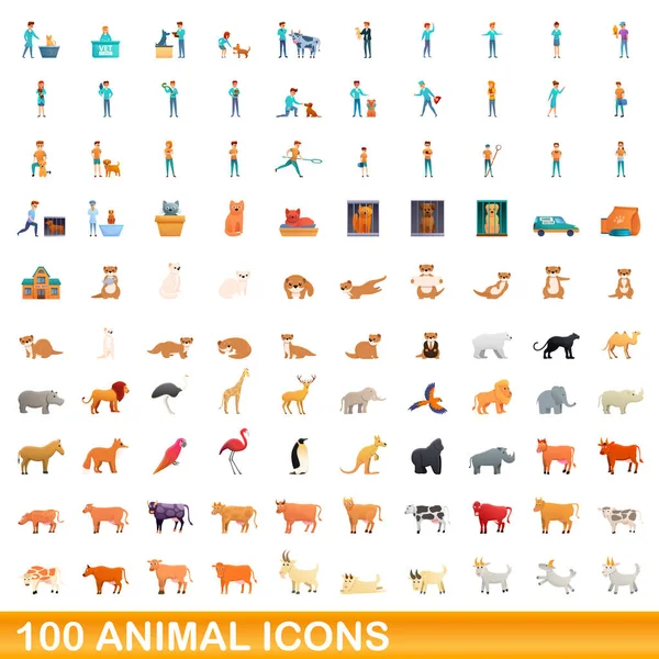 100 가지 동물 아이콘 세트, 만화 스타일 — 스톡 벡터