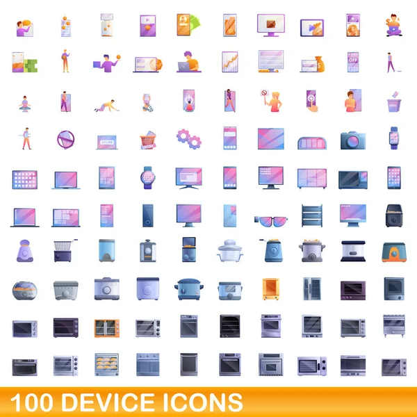 100 ikon perangkat ditata, gaya kartun Stok Vektor Bebas Royalti