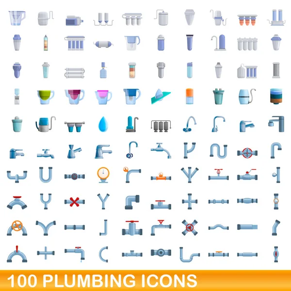 100 conjunto de iconos de plomería, estilo de dibujos animados — Archivo Imágenes Vectoriales