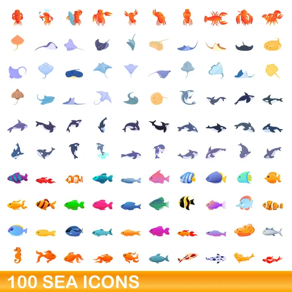 100 sada mořských ikon, kreslený styl — Stockový vektor