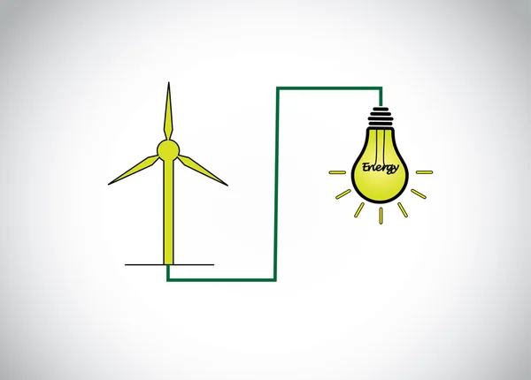 Grüne Windkraftanlage zur Stromerzeugung & leuchtend gelbe Glühbirne. Natürliche Produktion erneuerbarer Energien mit Windrädern einfaches Konzept Illustration Designkunst — Stockfoto