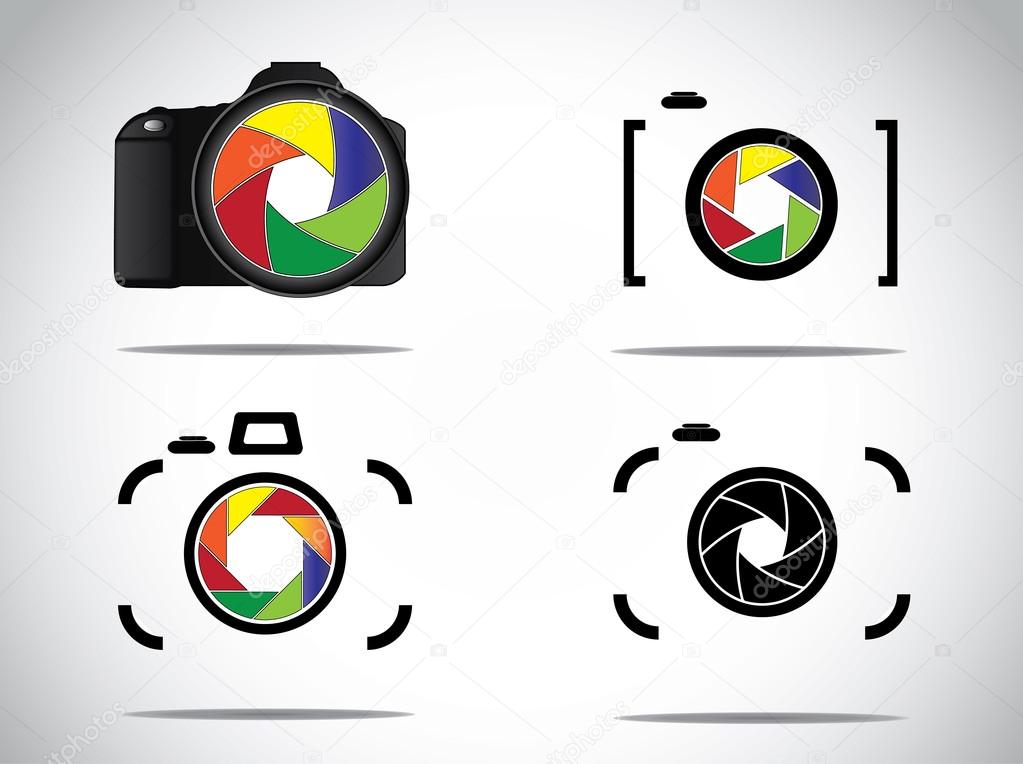 Concept Illustration of trendy minimalistic 3d digital SLR and simple Camera icons set with shutter icon or symbols