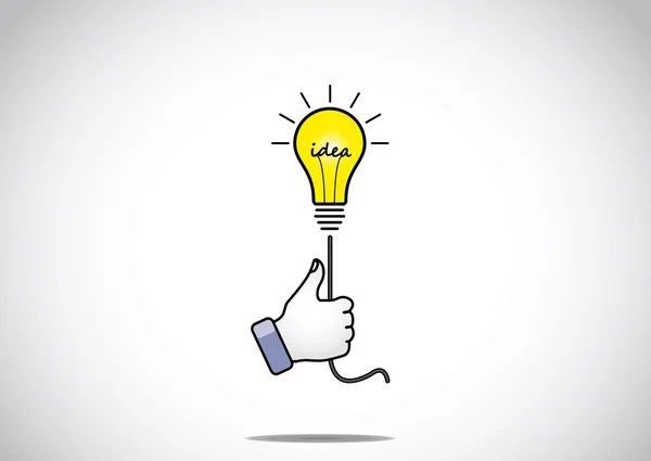 Bright glowing yellow idea solution light bulb held by young human victory winning thumbs up hand gesture - the winning solution concept illustration artwork — Stock Photo, Image