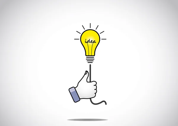 Ljusa glödande gula idé lösning glödlampa innehas av unga människors seger vinna tummen upp hand gest - vinnande lösning konceptet illustration teckningen — Stockfoto