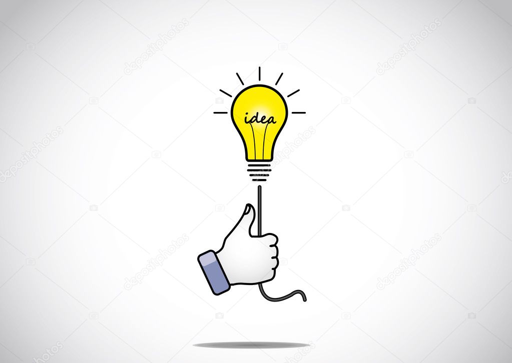 Bright glowing yellow idea solution light bulb held by young human victory winning thumbs up hand gesture - the winning solution concept illustration artwork