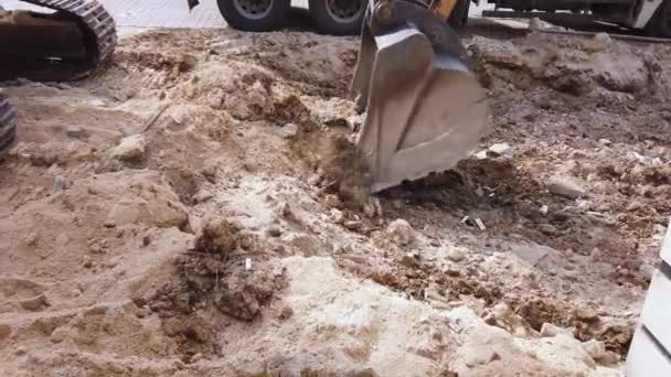 Lavori di riparazione stradale. escavatore secchio metallico scava terra prima della posa di asfalto. — Video Stock