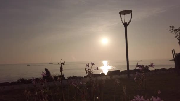 Bagliore del sole, sentiero soleggiato, piccole onde con schiuma bianca. Splendido tramonto. Cielo drammatico — Video Stock