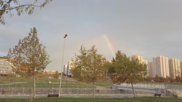 Früh morgens im Stadtpark. Großer heller, erstaunlich schöner Regenbogen am Himmel. — Stockvideo