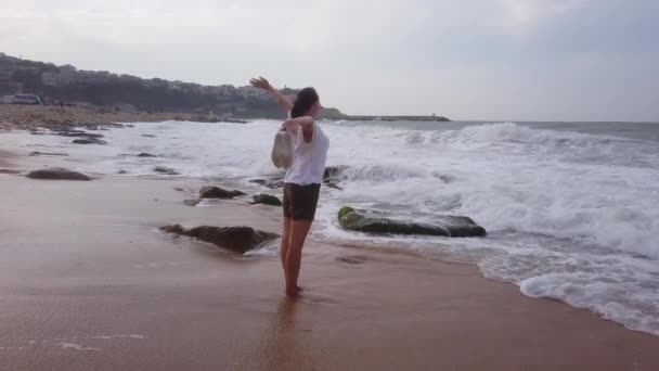 Giovane ragazza bruna si trova sulla spiaggia sabbiosa. donna cammina lungo la spiaggia sabbiosa — Video Stock