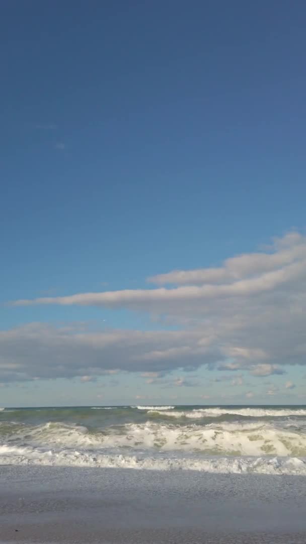 Κάθετη βολή. αμμώδης παραλία. Μπλε ουρανός. θαλάσσια κύματα, λευκός αφρός. διακοπές στην ακτή. — Αρχείο Βίντεο