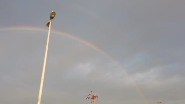 Früh morgens im Stadtpark. Dunkle Wolken, hohe Gebäude. heller Regenbogen am Himmel — Stockvideo