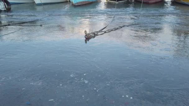 绳子，系泊的船渔船的船头，海港。湿表面的反射 — 图库视频影像